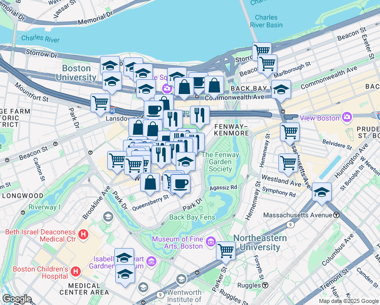 map of restaurants, bars, coffee shops, grocery stores, and more near in Boston