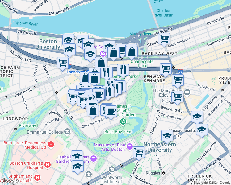 map of restaurants, bars, coffee shops, grocery stores, and more near in Boston