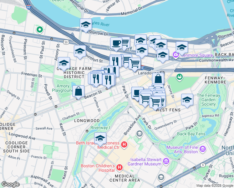 map of restaurants, bars, coffee shops, grocery stores, and more near 34 Medfield Street in Boston