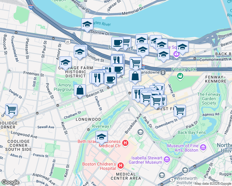 map of restaurants, bars, coffee shops, grocery stores, and more near 34 Medfield Street in Boston