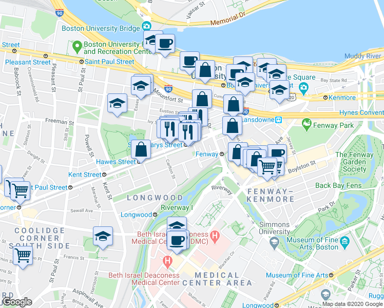 map of restaurants, bars, coffee shops, grocery stores, and more near 68a Monmouth Street in Brookline