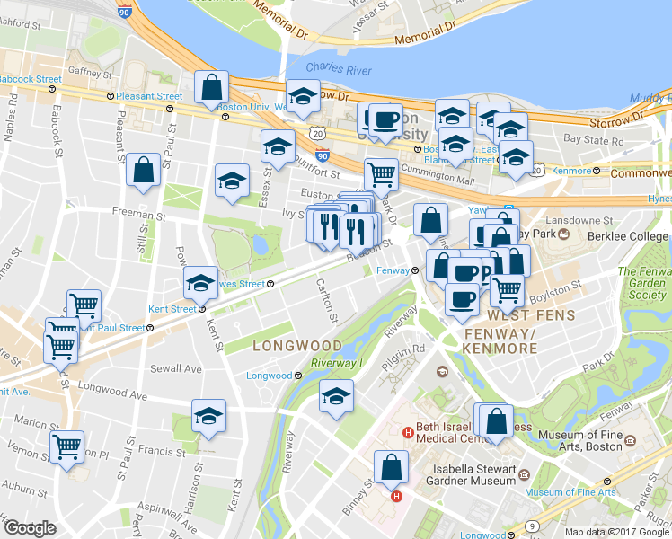 map of restaurants, bars, coffee shops, grocery stores, and more near 68a Monmouth Street in Brookline