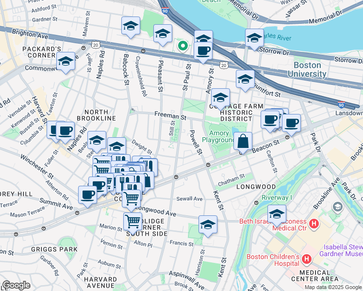 map of restaurants, bars, coffee shops, grocery stores, and more near 217 Saint Paul Street in Brookline