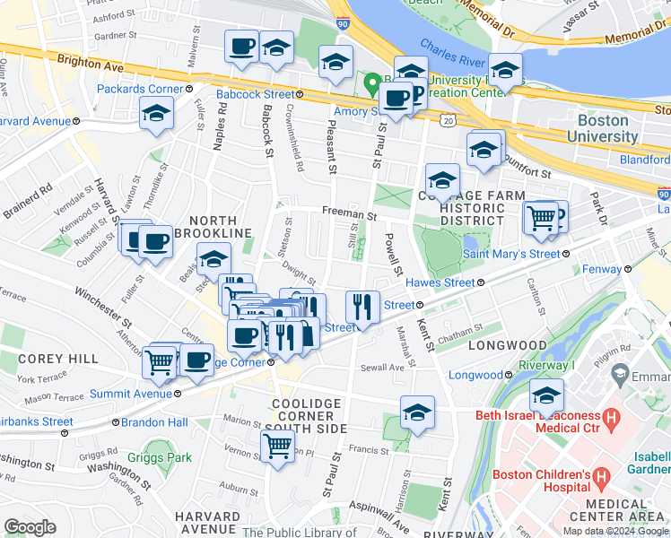 map of restaurants, bars, coffee shops, grocery stores, and more near 63 Parkman Street in Brookline