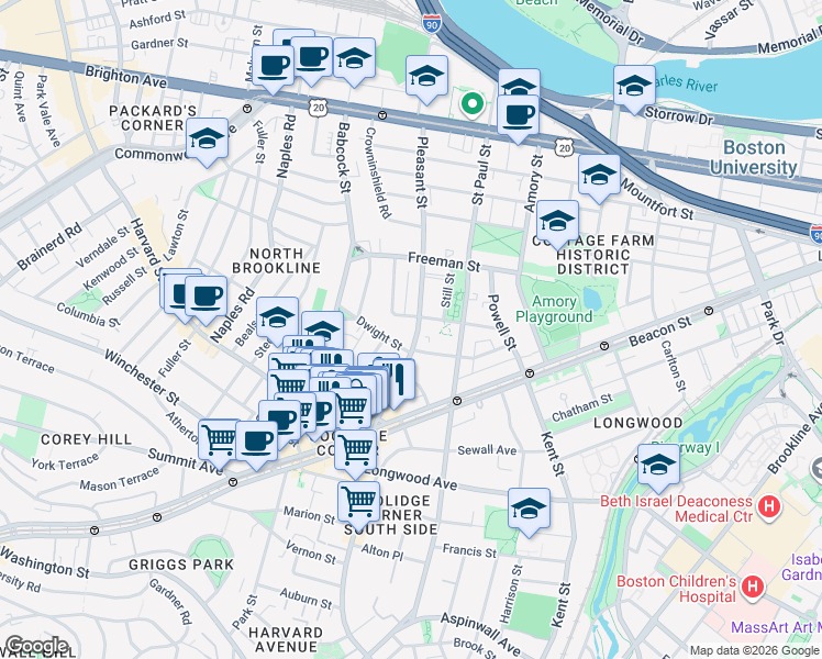 map of restaurants, bars, coffee shops, grocery stores, and more near 15 Dwight Street in Brookline