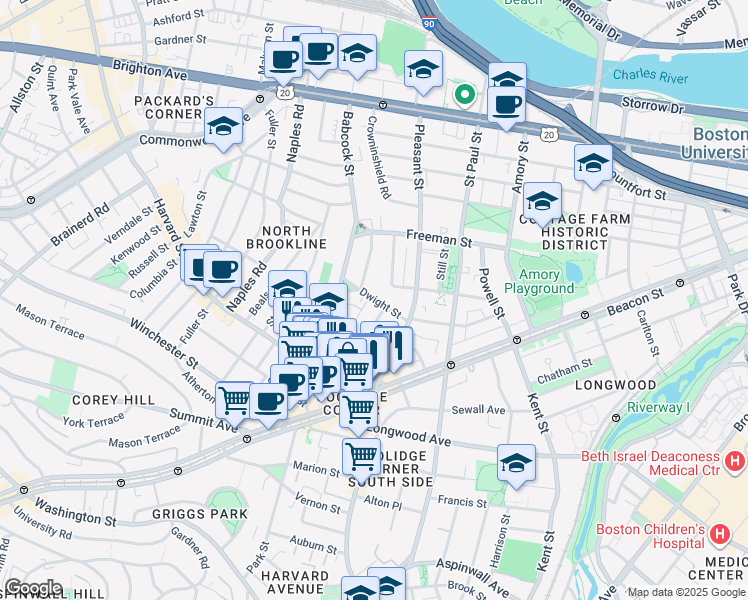 map of restaurants, bars, coffee shops, grocery stores, and more near 62 Green Street in Brookline