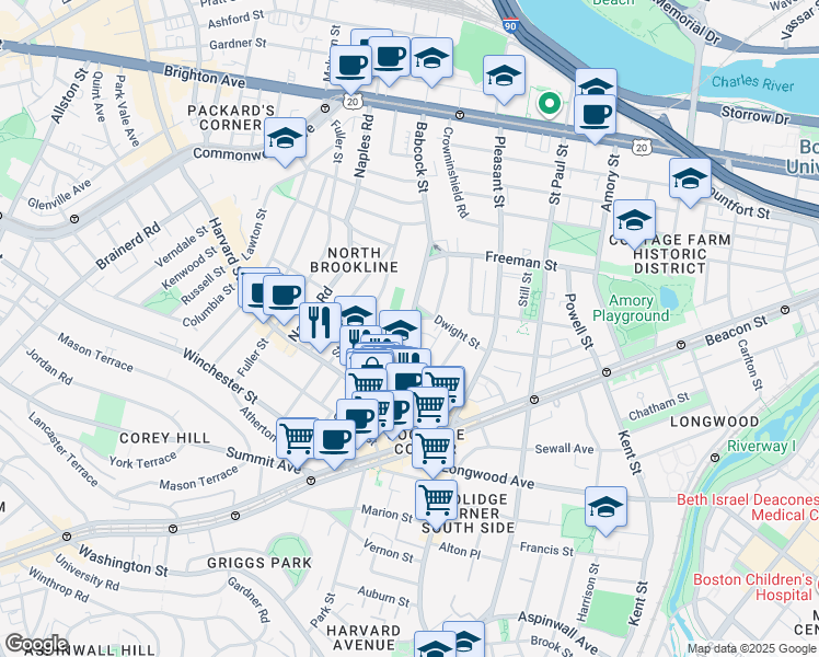 map of restaurants, bars, coffee shops, grocery stores, and more near 51 John Street in Brookline