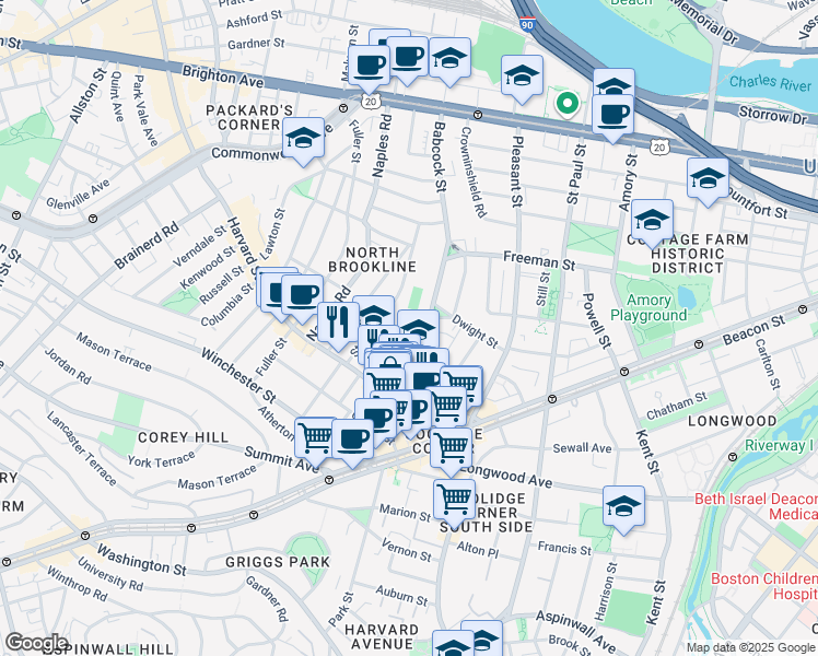 map of restaurants, bars, coffee shops, grocery stores, and more near 51 John Street in Brookline