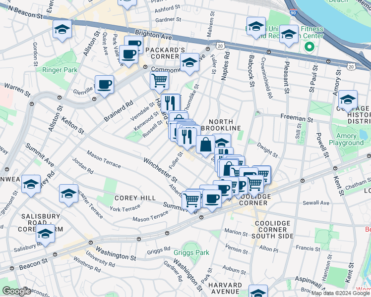 map of restaurants, bars, coffee shops, grocery stores, and more near 404 Harvard Street in Brookline