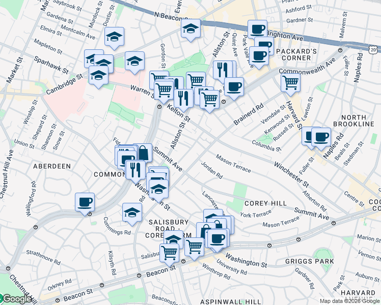 map of restaurants, bars, coffee shops, grocery stores, and more near 246 Corey Road in Boston