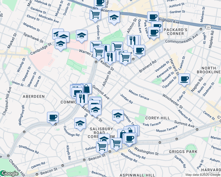 map of restaurants, bars, coffee shops, grocery stores, and more near 4 Woodstock Avenue in Boston