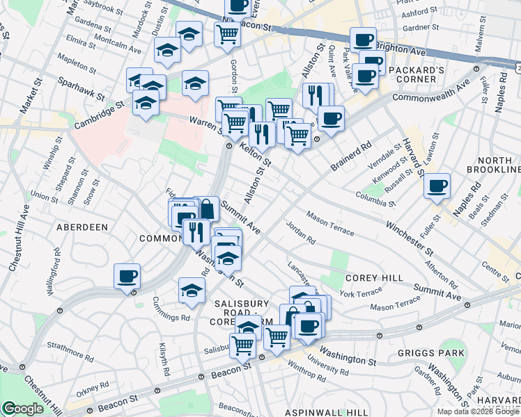 map of restaurants, bars, coffee shops, grocery stores, and more near 4 Woodstock Avenue in Boston