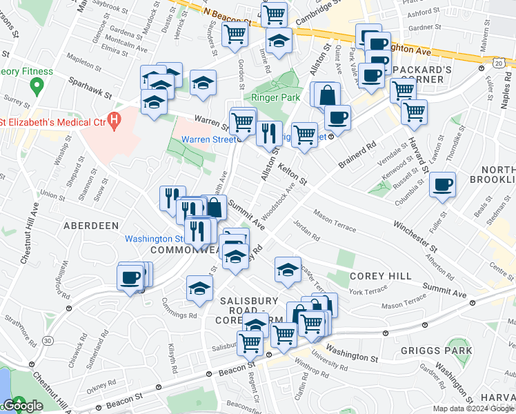 map of restaurants, bars, coffee shops, grocery stores, and more near 4 Woodstock Avenue in Boston