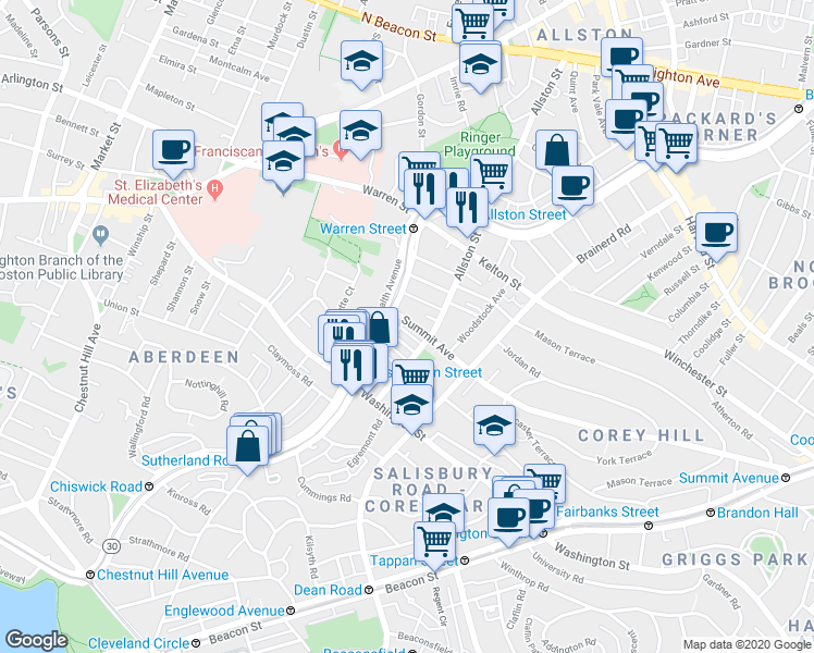 map of restaurants, bars, coffee shops, grocery stores, and more near 15 Carol Avenue in Boston