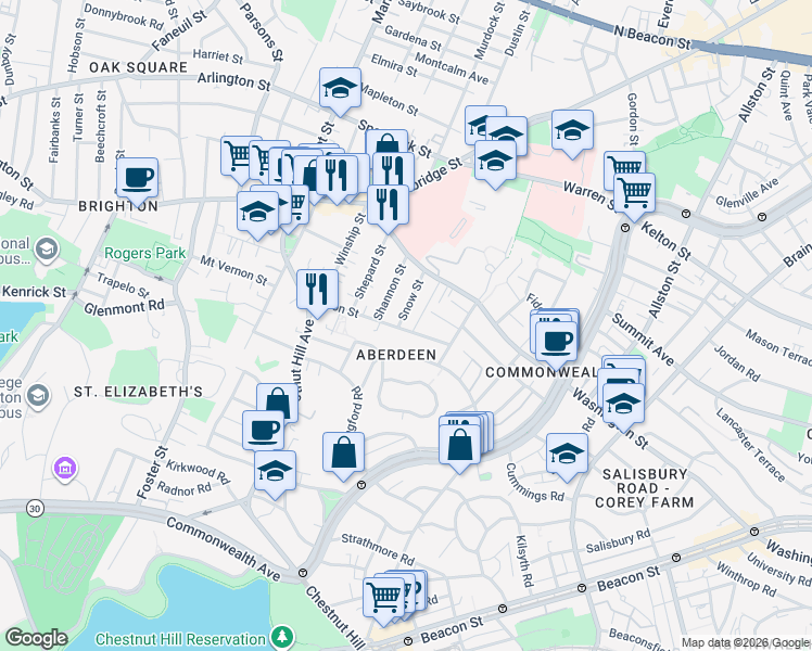 map of restaurants, bars, coffee shops, grocery stores, and more near in Boston