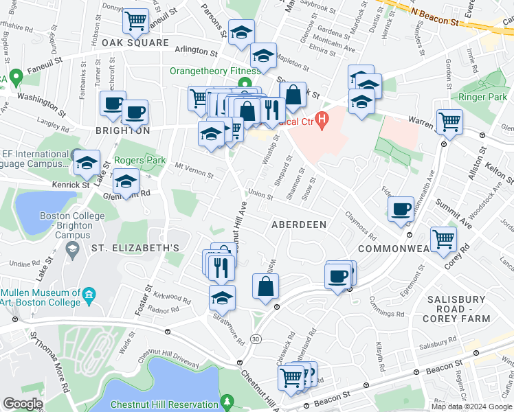 map of restaurants, bars, coffee shops, grocery stores, and more near 8 Priscilla Road in Boston