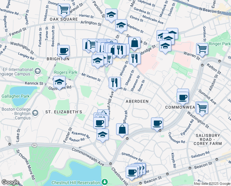 map of restaurants, bars, coffee shops, grocery stores, and more near 8 Priscilla Road in Boston