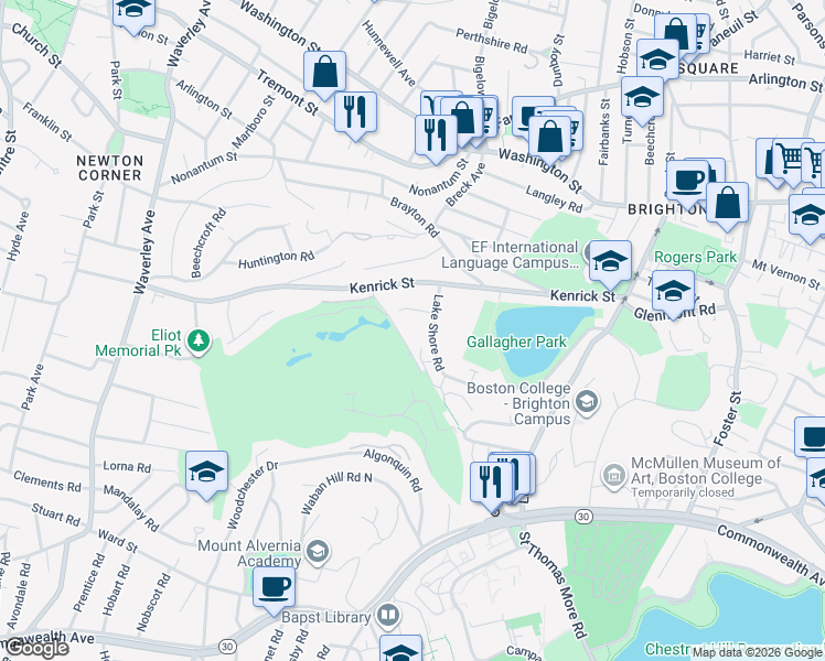 map of restaurants, bars, coffee shops, grocery stores, and more near 182 Lake Shore Road in Boston