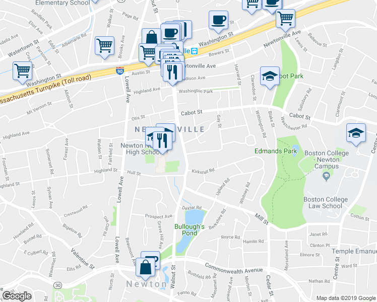 map of restaurants, bars, coffee shops, grocery stores, and more near 20 Trowbridge Avenue in Newton