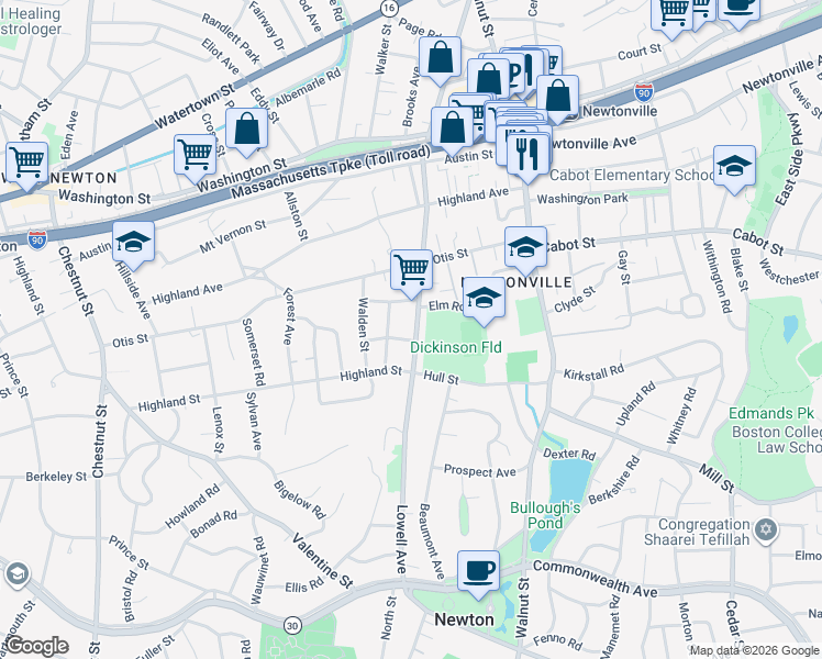 map of restaurants, bars, coffee shops, grocery stores, and more near 350 Lowell Avenue in Newton