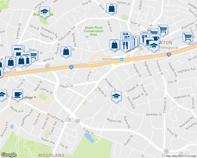 map of restaurants, bars, coffee shops, grocery stores, and more near 1545 Washington Street in Newton