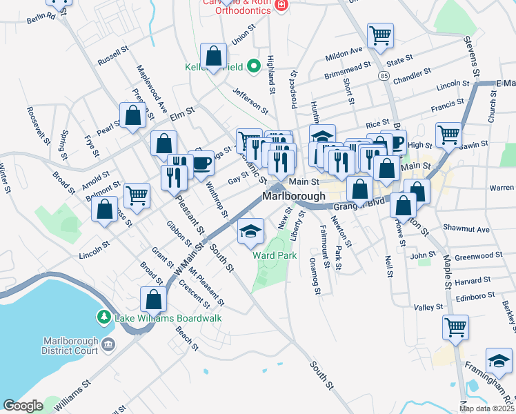 map of restaurants, bars, coffee shops, grocery stores, and more near 14 Hayden Street in Marlborough