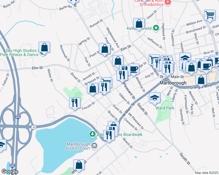map of restaurants, bars, coffee shops, grocery stores, and more near 499 Lincoln Street in Marlborough