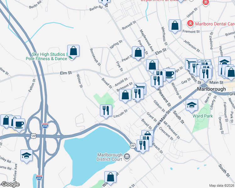map of restaurants, bars, coffee shops, grocery stores, and more near 144 Broad Street in Marlborough