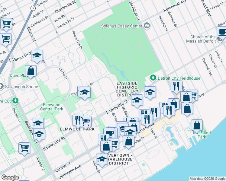 map of restaurants, bars, coffee shops, grocery stores, and more near 3176 Woods Circle Drive in Detroit