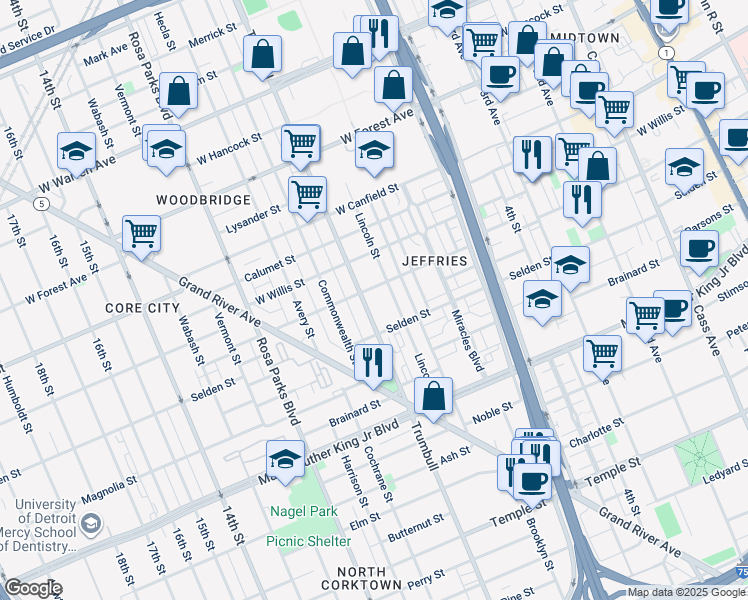 map of restaurants, bars, coffee shops, grocery stores, and more near 3962 Trumbull Avenue in Detroit