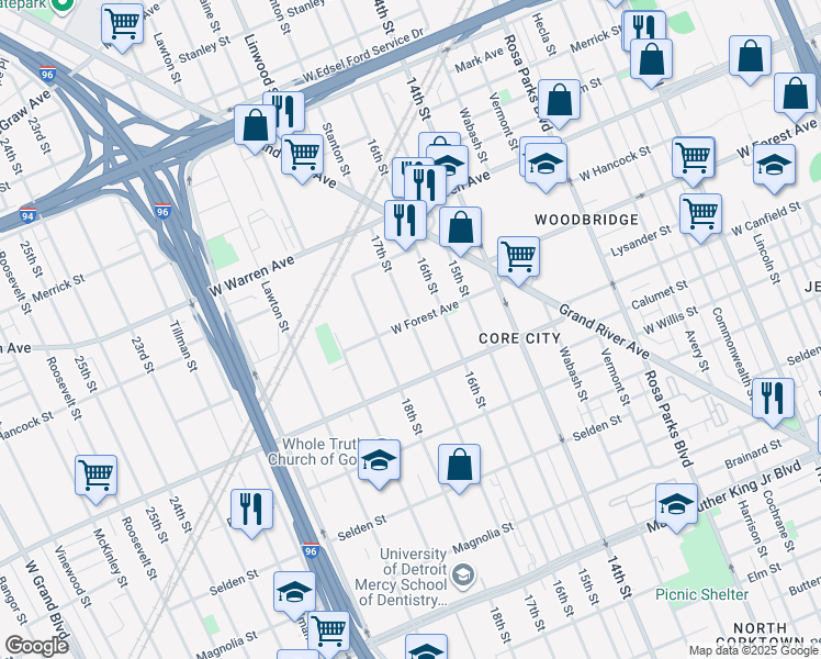 map of restaurants, bars, coffee shops, grocery stores, and more near 4462 17th Street in Detroit
