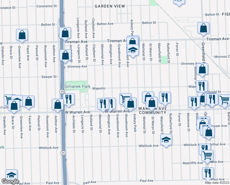 map of restaurants, bars, coffee shops, grocery stores, and more near 7297 Abington Avenue in Detroit