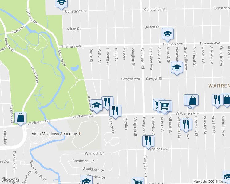 map of restaurants, bars, coffee shops, grocery stores, and more near 7335 Stout Street in Detroit