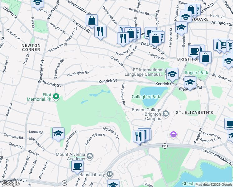 map of restaurants, bars, coffee shops, grocery stores, and more near 182 Lake Shore Road in Boston