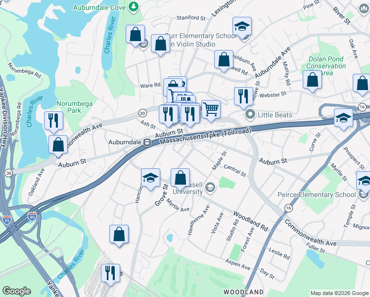 map of restaurants, bars, coffee shops, grocery stores, and more near 39 Grove Street in Newton