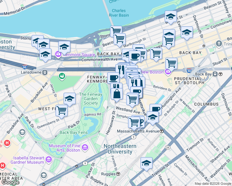 map of restaurants, bars, coffee shops, grocery stores, and more near 56-60 Hemenway Street in Boston