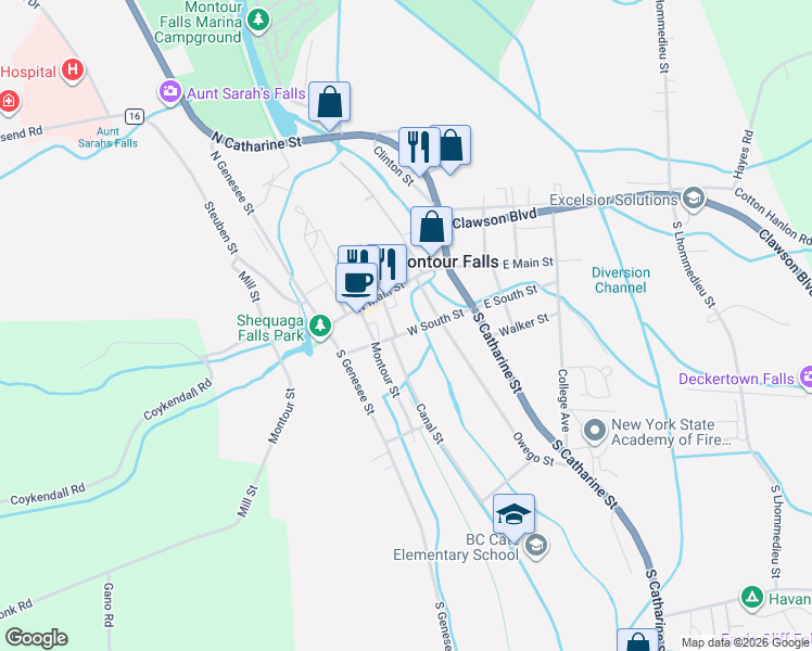 map of restaurants, bars, coffee shops, grocery stores, and more near 214 West South Street in Montour Falls