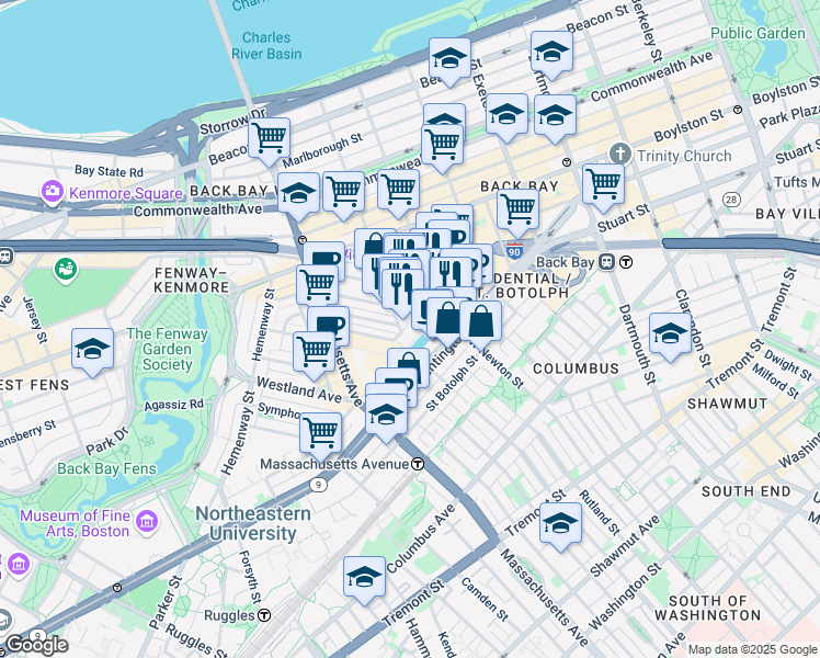 map of restaurants, bars, coffee shops, grocery stores, and more near 101 Belvidere Street in Boston