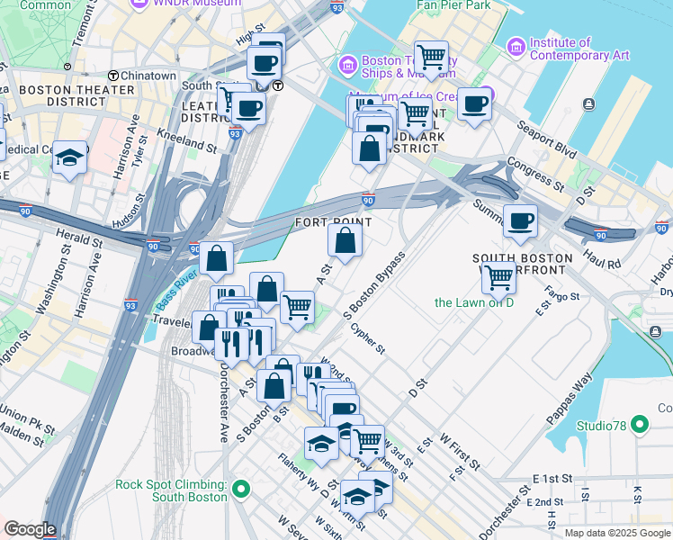 map of restaurants, bars, coffee shops, grocery stores, and more near 10 Channel Center Street in Boston