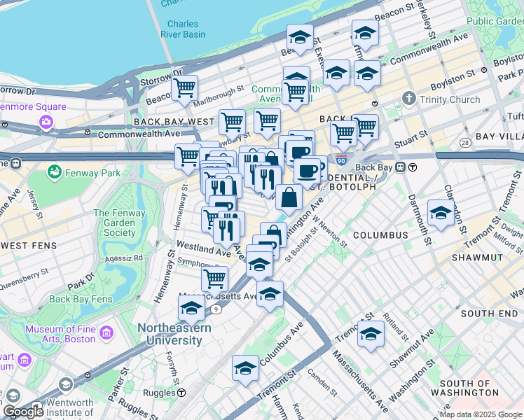 map of restaurants, bars, coffee shops, grocery stores, and more near 65 St Germain St in Boston