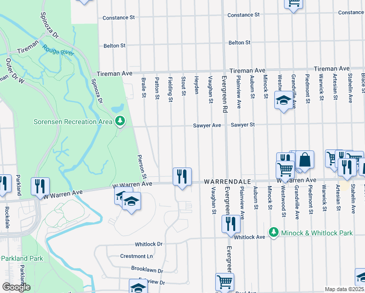 map of restaurants, bars, coffee shops, grocery stores, and more near 7335 Stout Street in Detroit