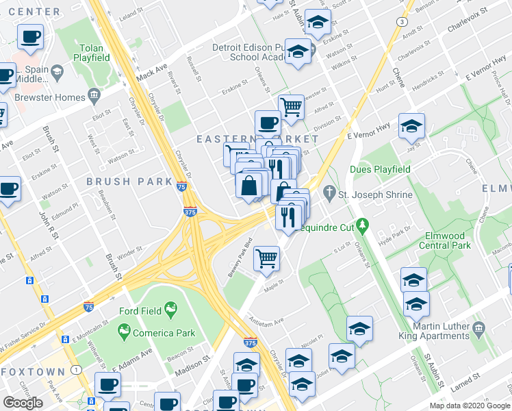 map of restaurants, bars, coffee shops, grocery stores, and more near 1331 Fisher East in Detroit