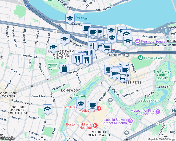 map of restaurants, bars, coffee shops, grocery stores, and more near 68a Monmouth Street in Brookline