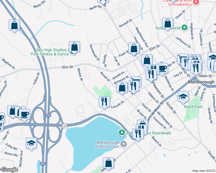 map of restaurants, bars, coffee shops, grocery stores, and more near 65 Belmont Street in Marlborough