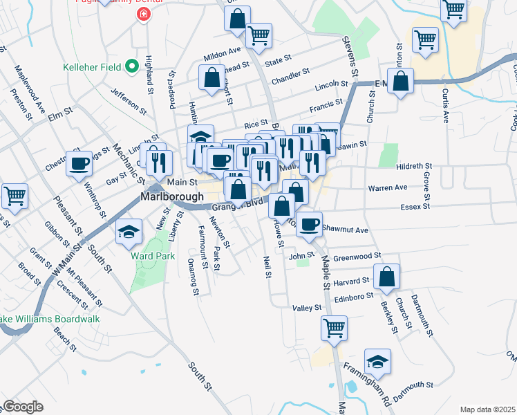 map of restaurants, bars, coffee shops, grocery stores, and more near 19 Neil Street in Marlborough