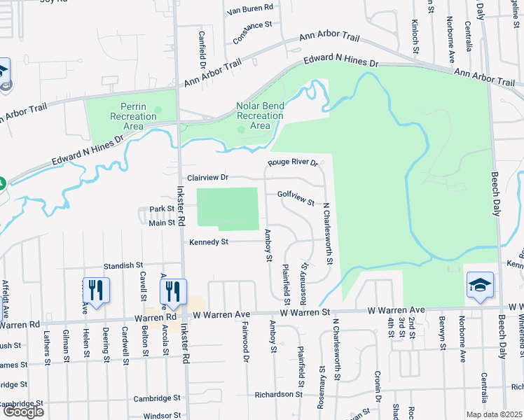map of restaurants, bars, coffee shops, grocery stores, and more near 7706 Amboy Street in Dearborn Heights