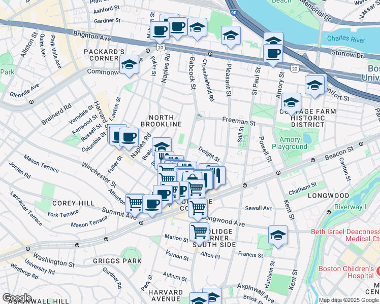 map of restaurants, bars, coffee shops, grocery stores, and more near 62 Green Street in Brookline