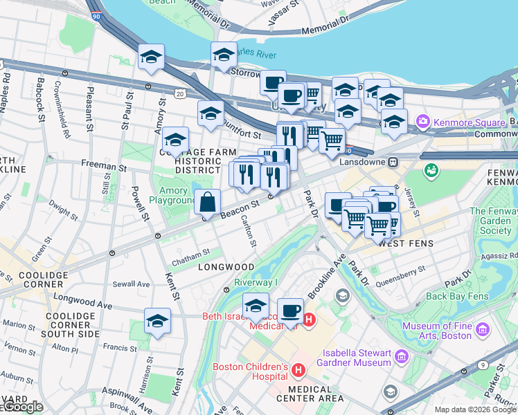 map of restaurants, bars, coffee shops, grocery stores, and more near 1029 Beacon Street in Brookline