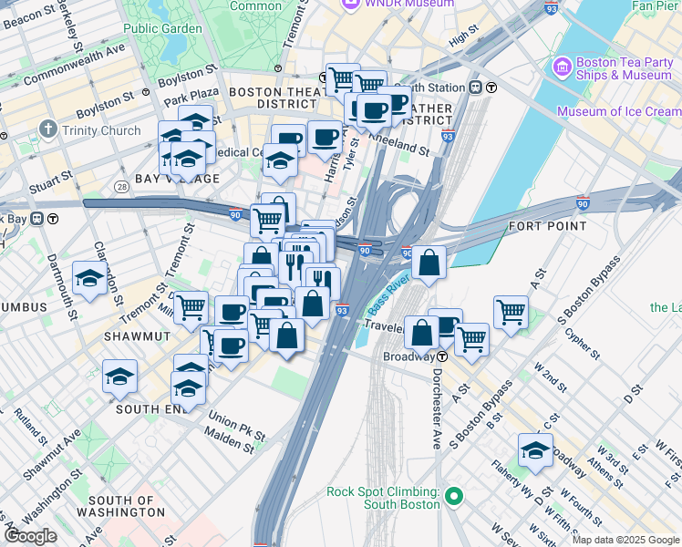 map of restaurants, bars, coffee shops, grocery stores, and more near 217 Albany Street in Boston