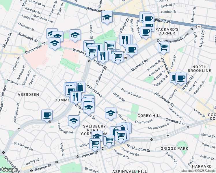 map of restaurants, bars, coffee shops, grocery stores, and more near 246 Corey Road in Boston